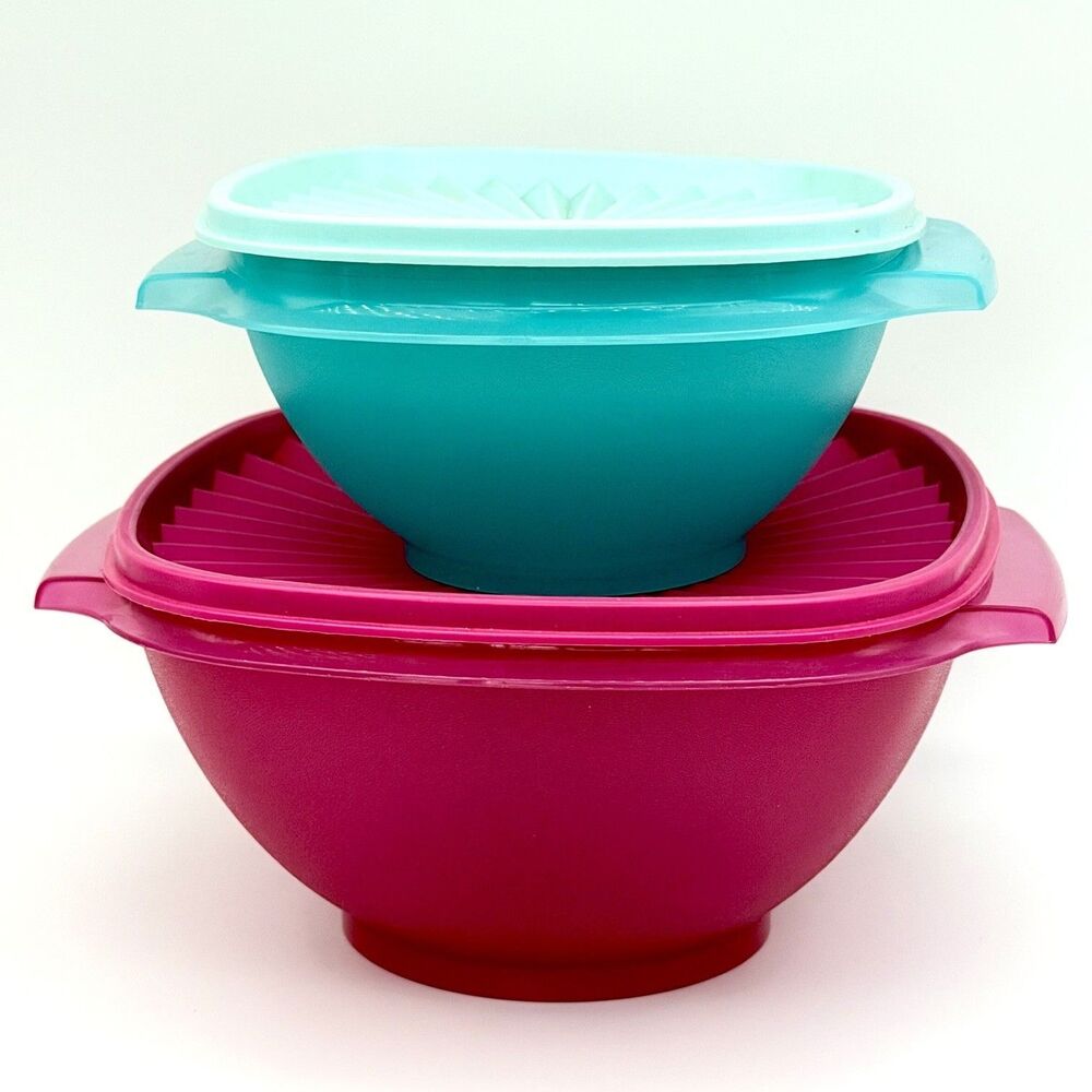 Tupperware Servalier Bowls Set 2 With Lids Turquoise & Hot Pink Square #836 #841